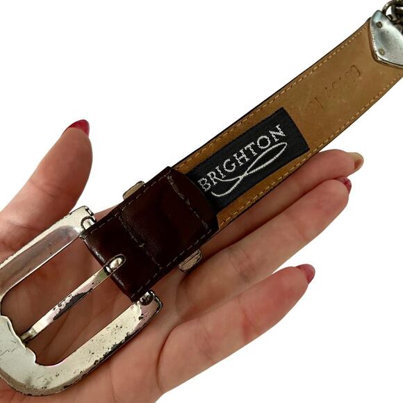 Western Brown Leather Silver Heart Detail Belt - Picture 5 of 5